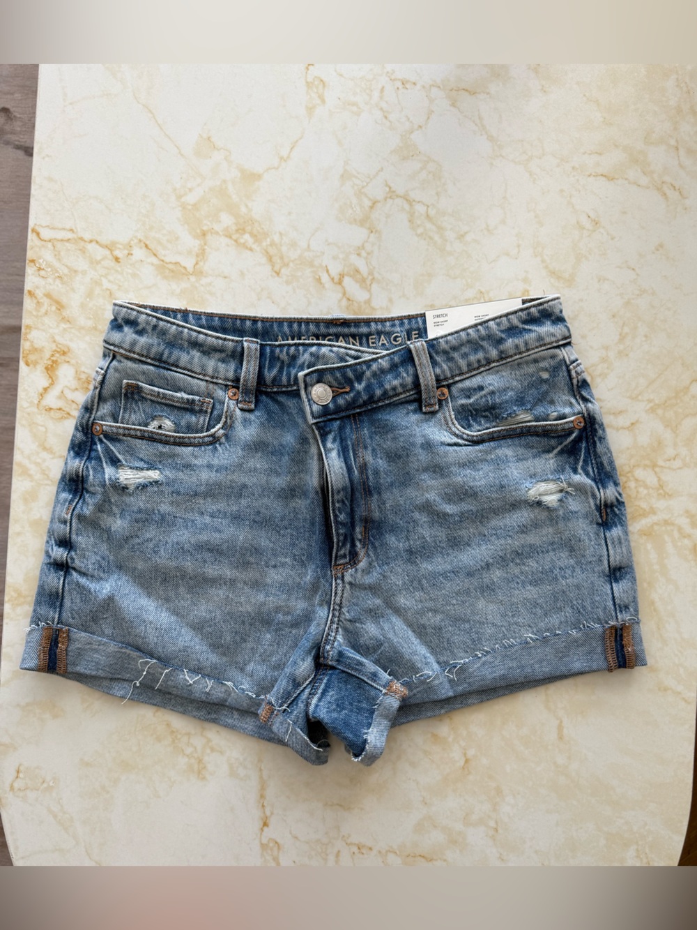 NWT American Eagle Stretch Medium Wash Distressed Mom Denim Short